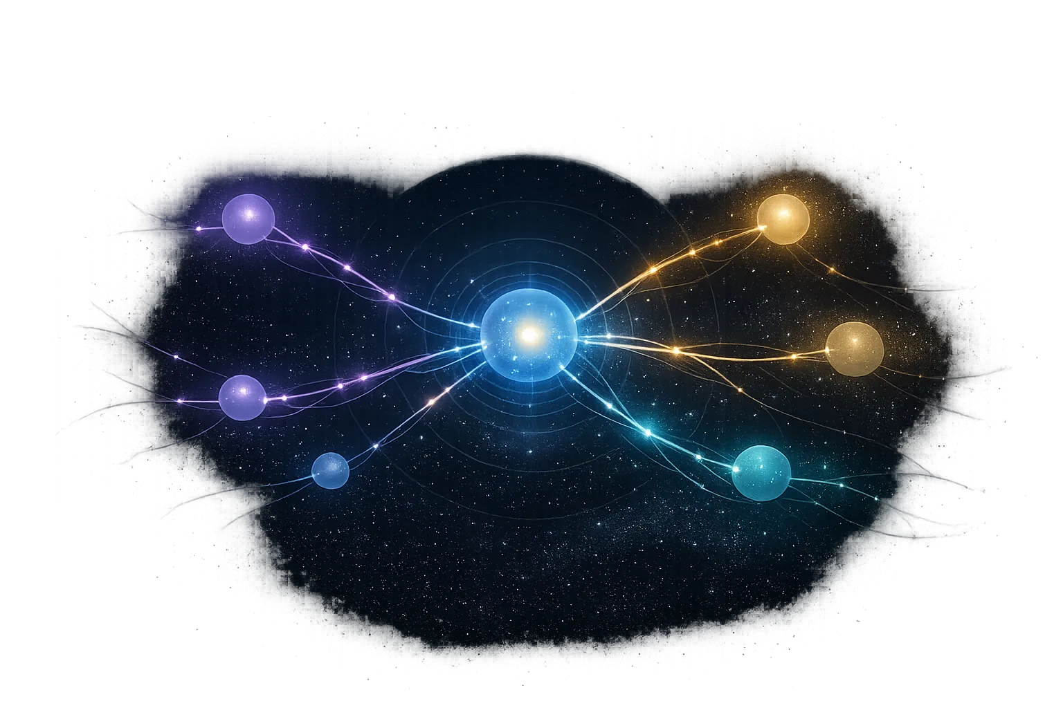 A luminous bioluminescent web of neural connections &mdash; six glowing nodes in blue, lavender, amber, sand, and teal, connected by organic luminous threads floating in deep dark space &mdash; the invisible biological network linking migraine to depression, anxiety, fibromyalgia, IBS, and Raynaud&rsquo;s