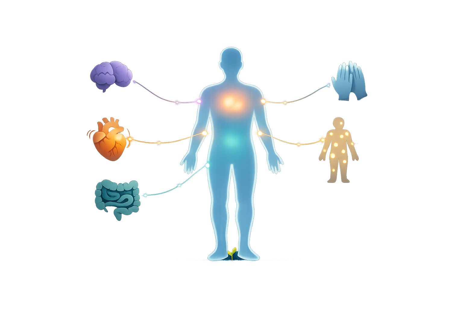 A softly glowing human silhouette with five icons orbiting it &mdash; a brain (depression), a heart (anxiety), an intestinal coil (IBS), a widespread pain figure (fibromyalgia), two pale hands (Raynaud&rsquo;s) &mdash; each connected to the body by luminous colored threads: one system, five voices