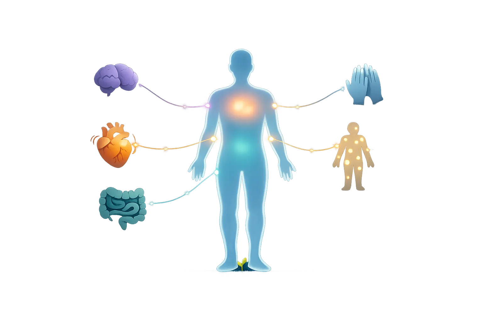 A softly glowing human silhouette with five icons orbiting it &mdash; a brain (depression), a heart (anxiety), an intestinal coil (IBS), a widespread pain figure (fibromyalgia), two pale hands (Raynaud&rsquo;s) &mdash; each connected to the body by luminous colored threads: one system, five voices