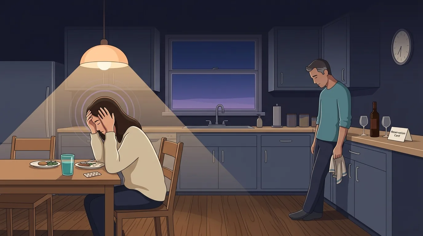 A couple in their kitchen at evening after a cancelled dinner — she sits at the table with her head in her hands, he stands at the counter holding a dish towel, looking down at the floor, the two-meter space between them illuminated by a single pendant lamp