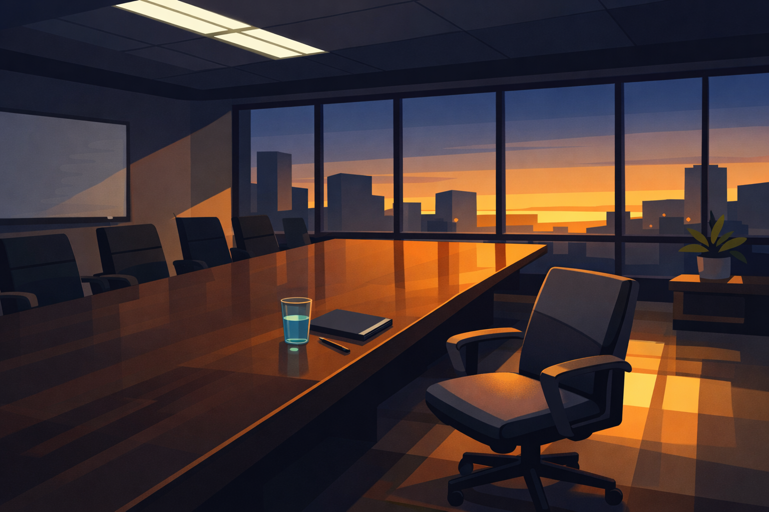 An empty corporate conference room at dusk — one chair pushed back from the table, a half-empty glass of water and a closed notebook left behind, warm sunset light competing with cold fluorescent overhead
