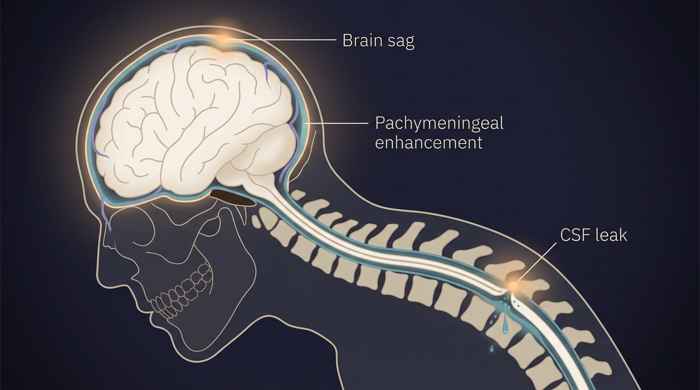 Anatomical cross-section showing the mechanism of spontaneous intracranial hypotension: brain sag at the top with pachymeningeal enhancement along the dura, and a small CSF leak at the thoracic level of the spine, with fluid escaping into the epidural space.