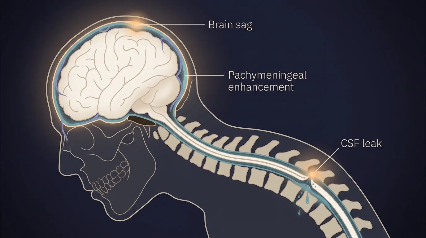 Anatomical cross-section showing the mechanism of spontaneous intracranial hypotension: brain sag at the top with pachymeningeal enhancement along the dura, and a small CSF leak at the thoracic level of the spine, with fluid escaping into the epidural space.