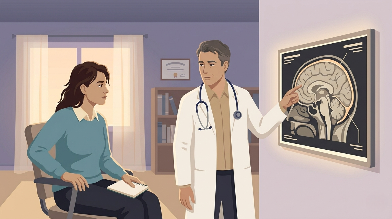A patient sits in a neurologist's office looking at a wall-mounted MRI display. The neurologist points to a bright ring of pachymeningeal enhancement along the inside of the skull — the diagnostic signature of spontaneous intracranial hypotension that took months to find.