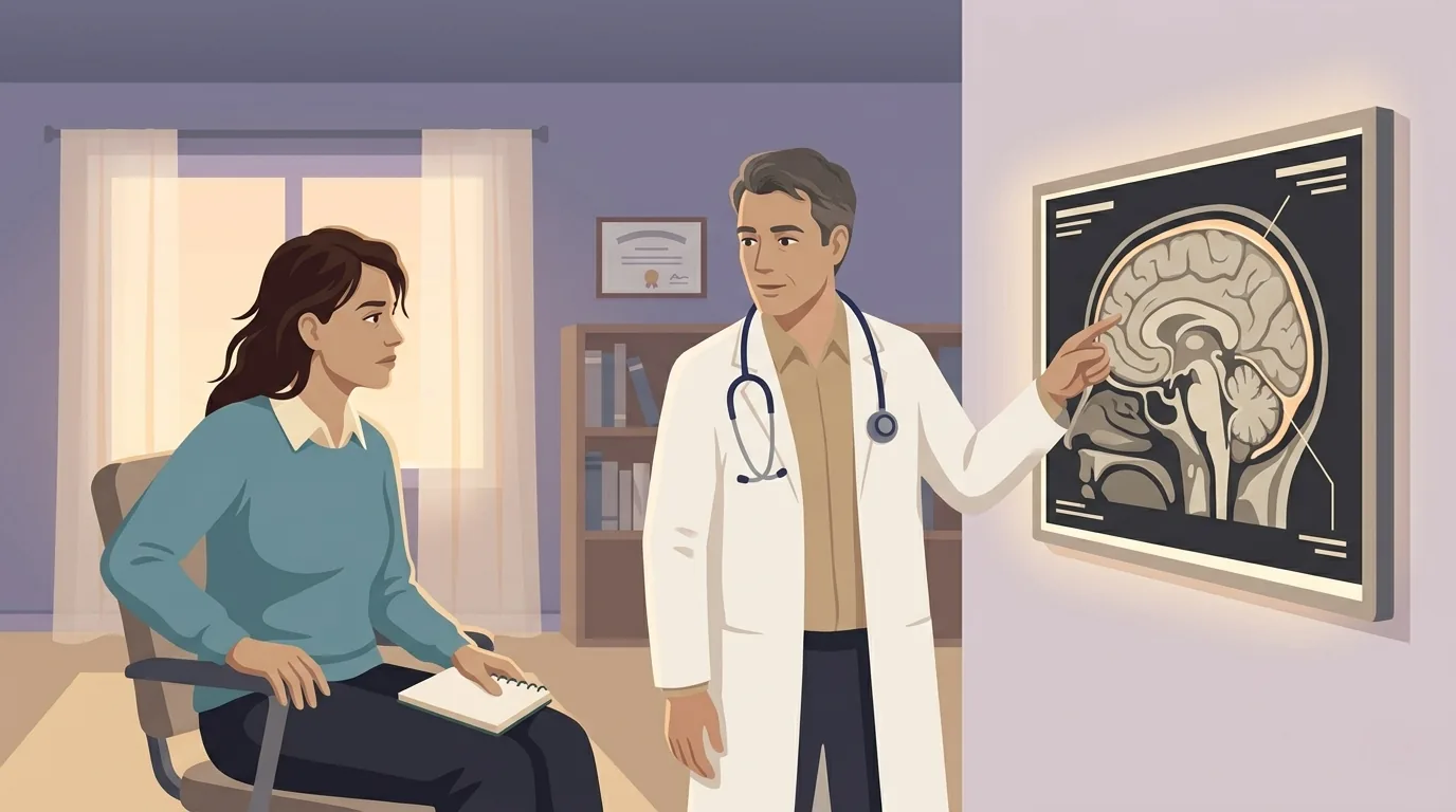 A patient sits in a neurologist's office looking at a wall-mounted MRI display. The neurologist points to a bright ring of pachymeningeal enhancement along the inside of the skull — the diagnostic signature of spontaneous intracranial hypotension that took months to find.