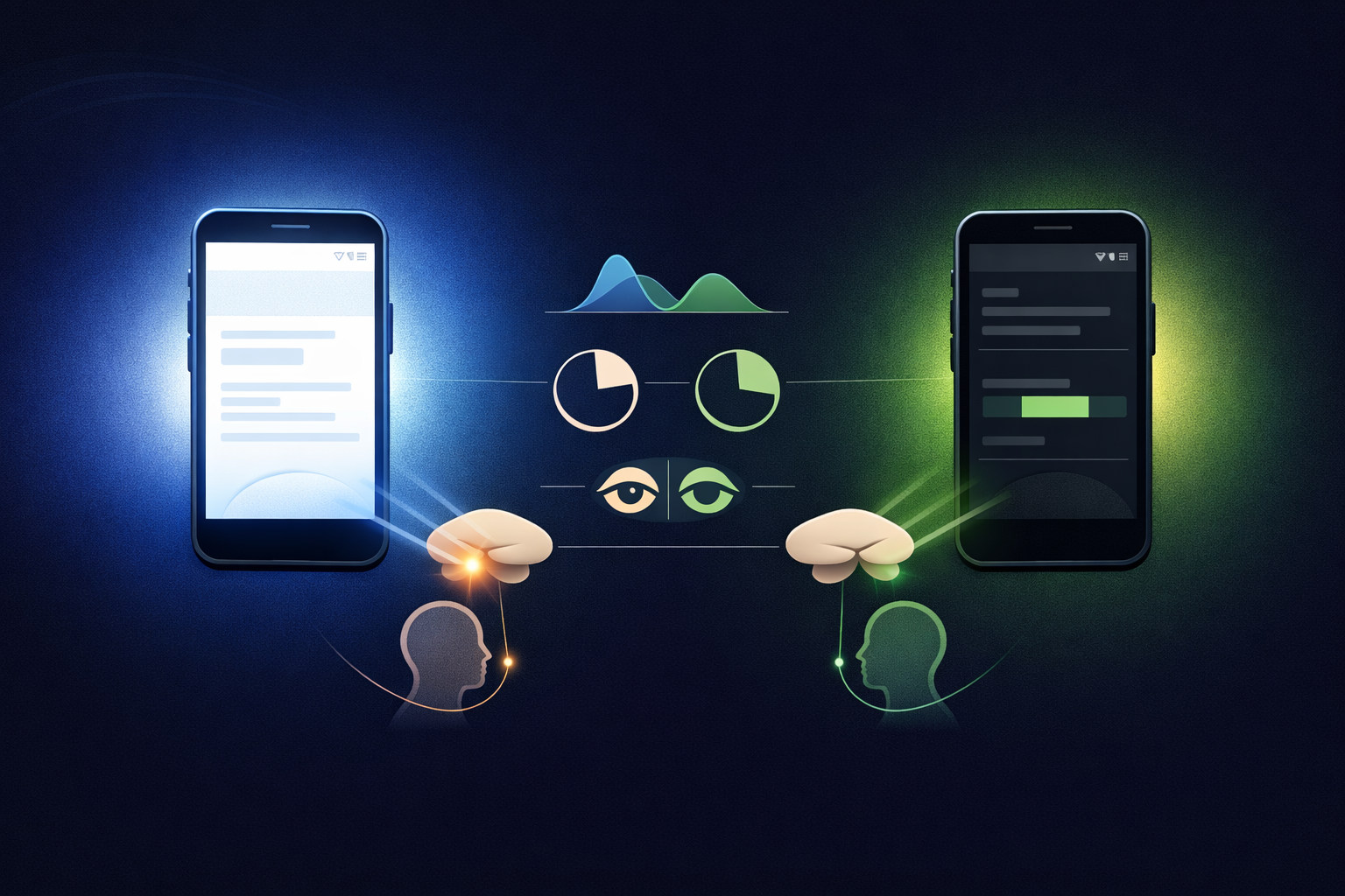 Scientific atmospheric illustration comparing two smartphones side by side. The left phone shows a bright white-mode interface with a harsh blue halo and a pain activation signal reaching a stylized thalamus. The right phone shows Mi's dark interface — near-black background with a soft green glow — and the same thalamus pathway without activation. Wavelength curves and eye icons in the center show the neurological difference between the two screens.