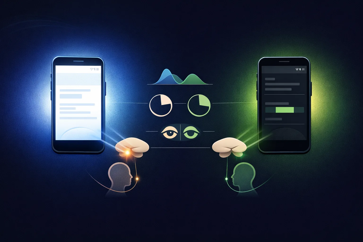 Scientific atmospheric illustration comparing two smartphones side by side. The left phone shows a bright white-mode interface with a harsh blue halo and a pain activation signal reaching a stylized thalamus. The right phone shows Mi's dark interface — near-black background with a soft green glow — and the same thalamus pathway without activation. Wavelength curves and eye icons in the center show the neurological difference between the two screens.