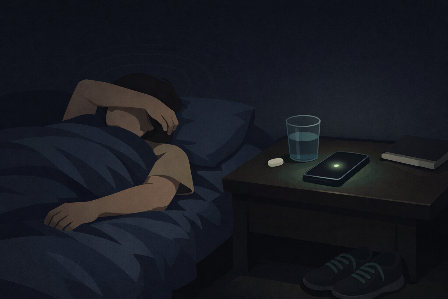 Atmospheric illustration of a person lying in a darkened bedroom during a migraine attack, one arm covering their eyes. On the nightstand, a smartphone with a dark screen emits a gentle green glow — the only light source that does not hurt. A glass of water and a pill rest nearby.