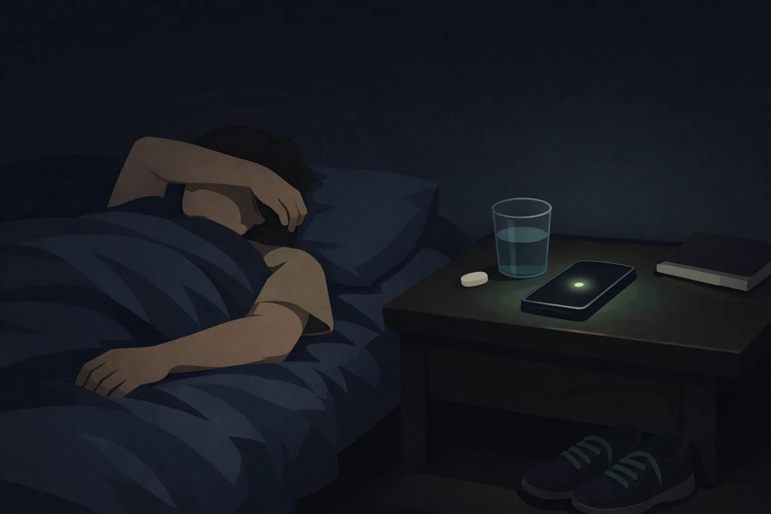 Atmospheric illustration of a person lying in a darkened bedroom during a migraine attack, one arm covering their eyes. On the nightstand, a smartphone with a dark screen emits a gentle green glow — the only light source that does not hurt. A glass of water and a pill rest nearby.
