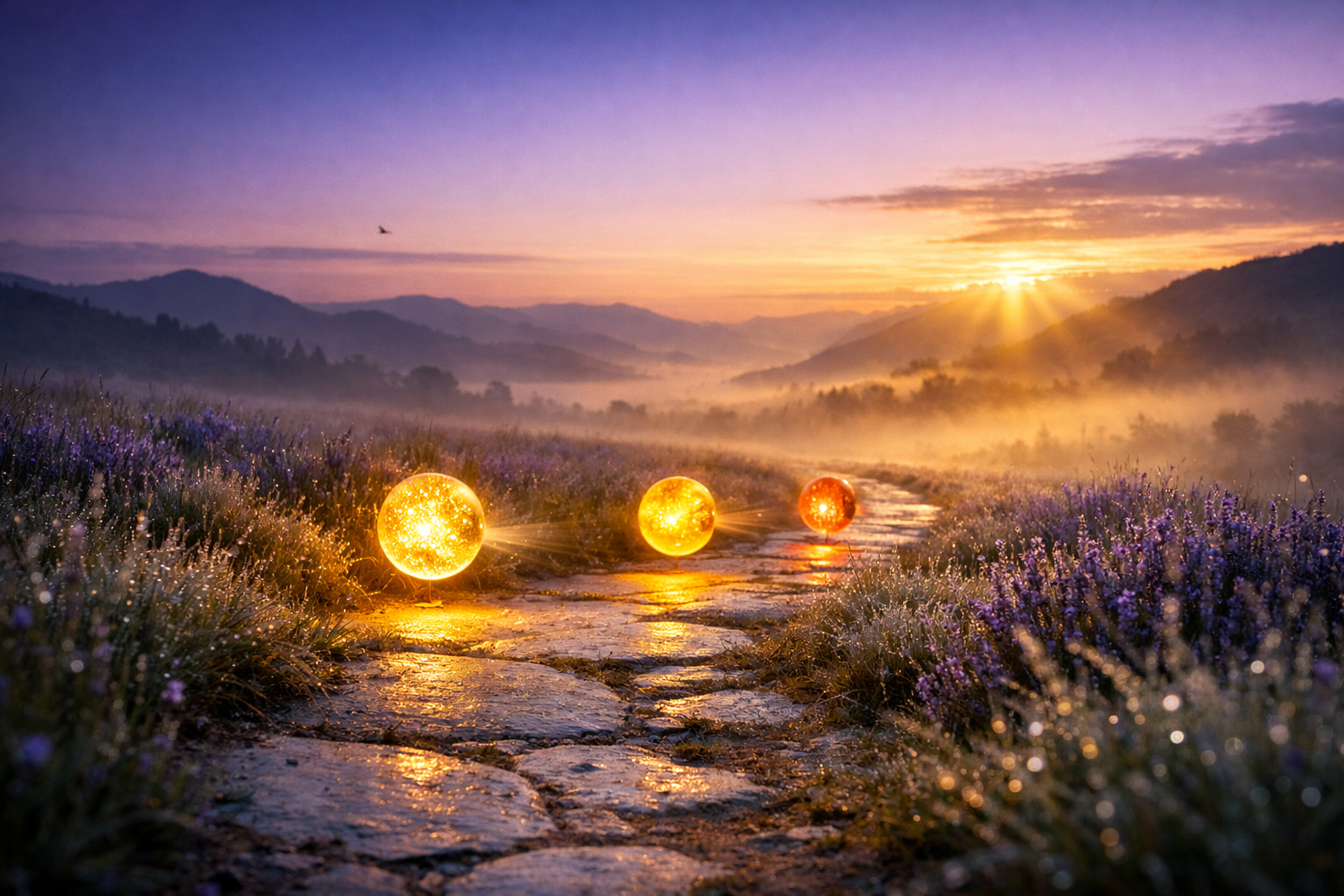 A quiet mountain path at dawn — three softly glowing orbs of gold, amber, and orange float along the trail like gentle companions, leading toward a warm peach-gold horizon