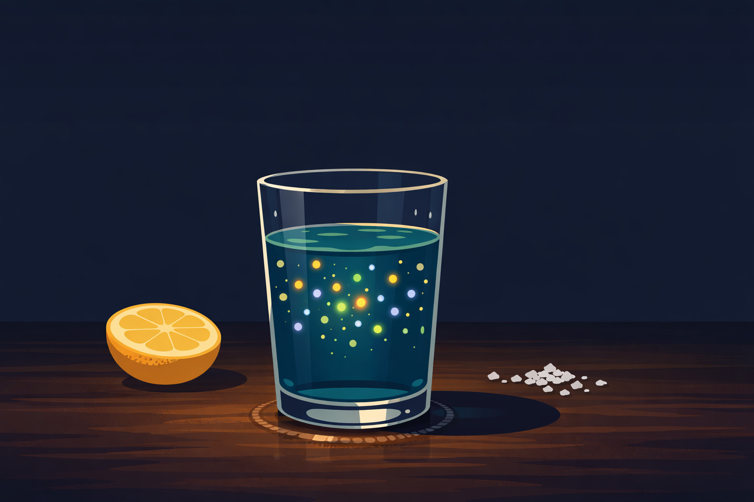 A glass of water on a dark surface with glowing electrolyte particles suspended inside — gold for sodium, green for magnesium, lavender for potassium — beside a halved lemon and scattered sea salt crystals