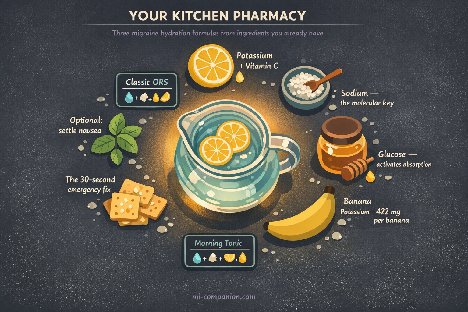 Your Kitchen Pharmacy — overhead illustration of migraine rehydration ingredients: a glass pitcher with lemon slices, sea salt in a teal bowl, honey jar, banana, crackers, and mint arranged on a dark surface