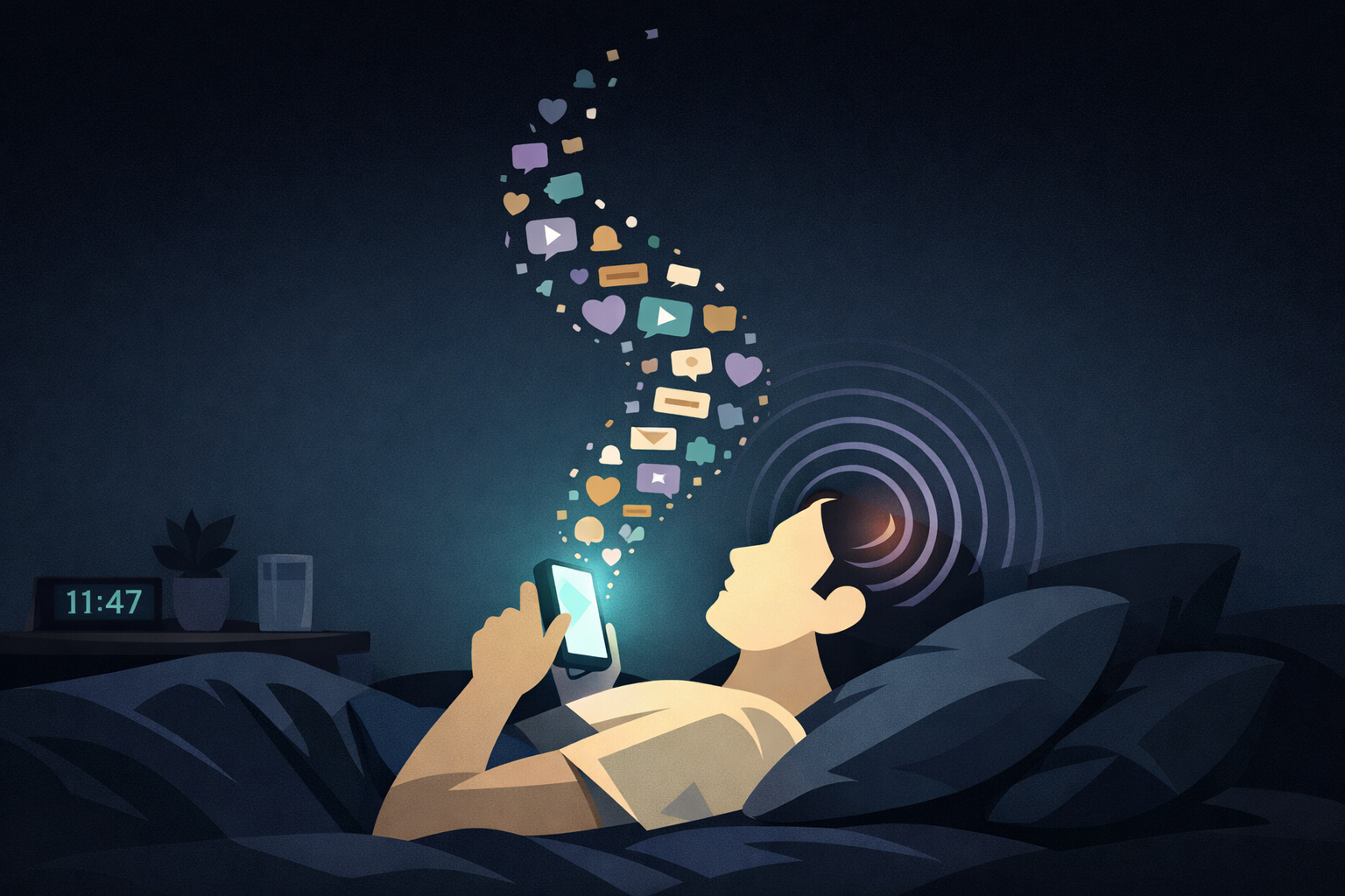 Illustration of a person lying in bed at night scrolling their phone, with social media notifications spiraling upward from the screen while concentric pain waves pulse from their head — clock reads 11:47 PM