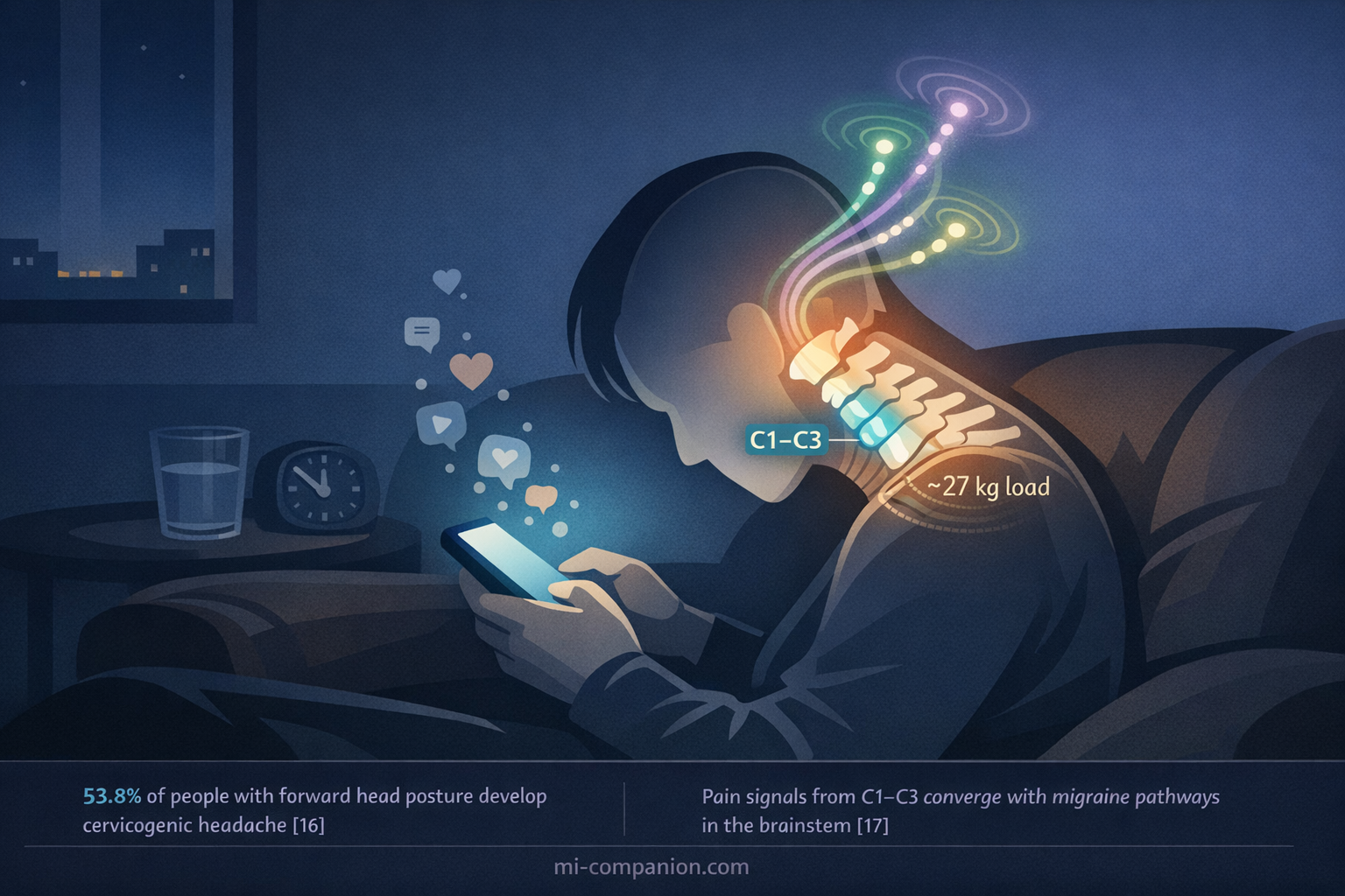 Illustration of a person hunched over a smartphone on a couch at night with a medical overlay showing cervical vertebrae C1-C3 highlighted in teal, and pain signal pathways radiating from the neck upward to the head in teal, lavender, and green pulse lines