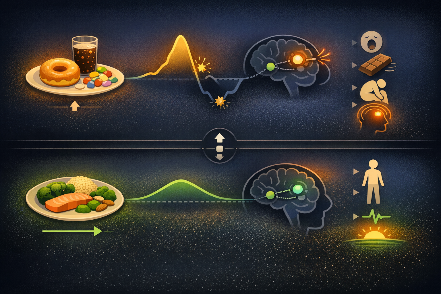 Infographic showing two parallel pathways: the upper path from high-glycemic food through blood sugar crash to dopamine disruption and migraine, and the lower path from brain-friendly nutrition through stable glucose to protected dopamine circuits and calm