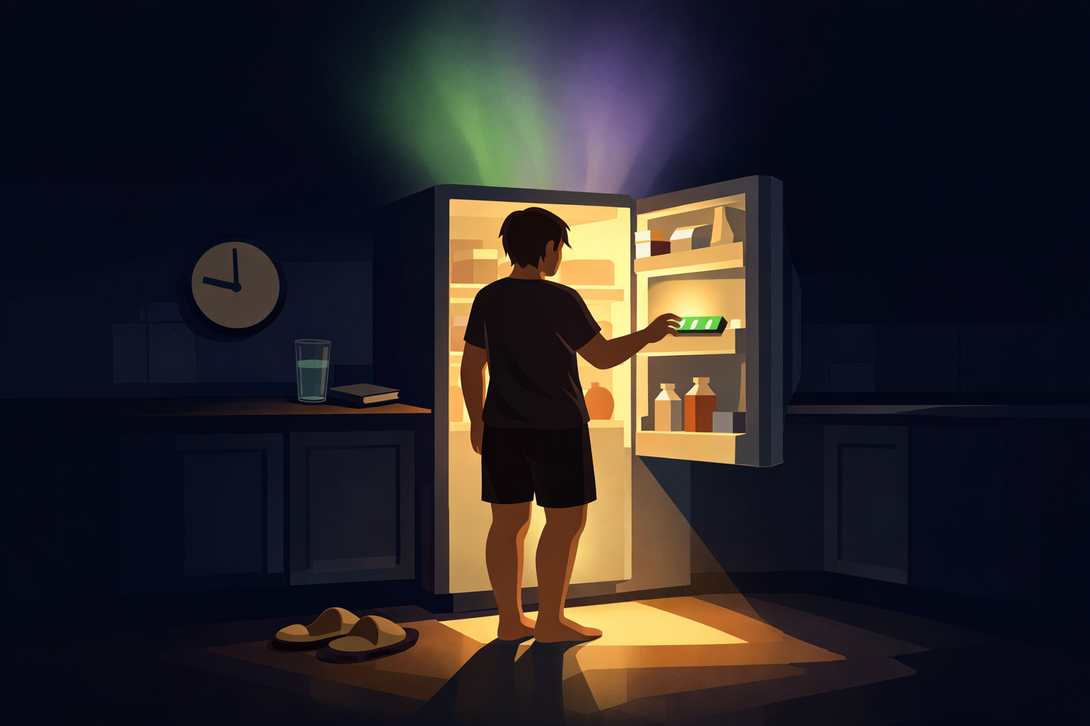 Atmospheric illustration of a solitary figure standing before an open refrigerator in a dark kitchen at night, one hand reaching toward a chocolate bar &mdash; warm light spilling from the fridge with soft colored aurora rising above, symbolizing the brain's dopamine signals behind the craving