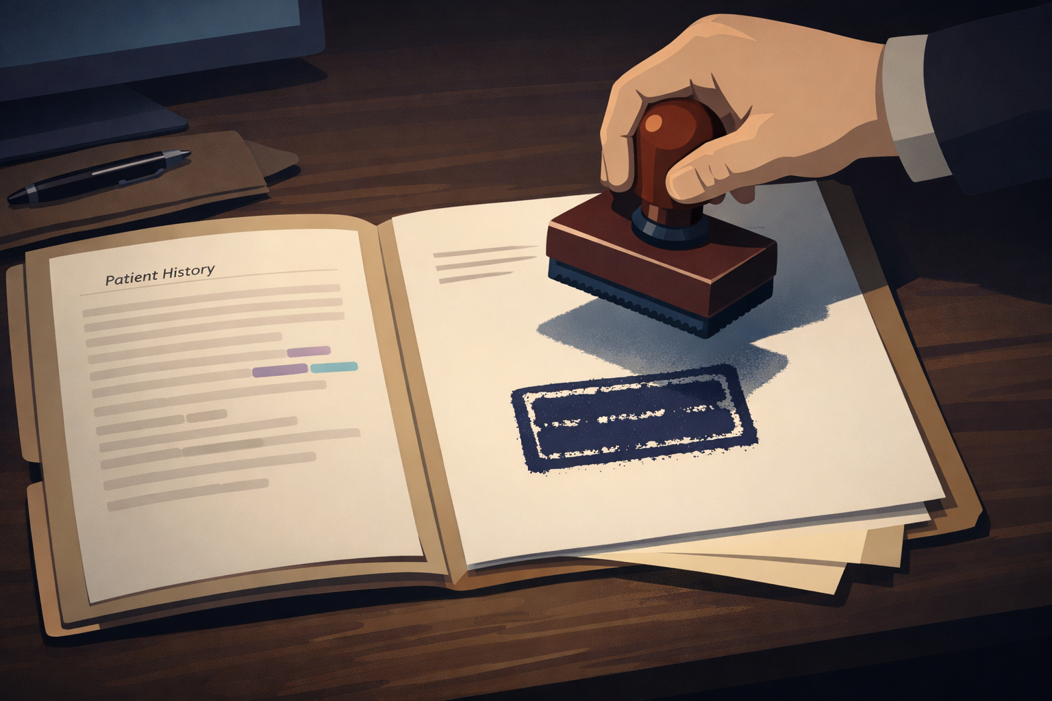 A rubber stamp descends toward an open medical file on a desk &mdash; the stamp&rsquo;s shadow already falls across the patient&rsquo;s documented history; a doctor&rsquo;s letter is barely visible beneath the folder edge