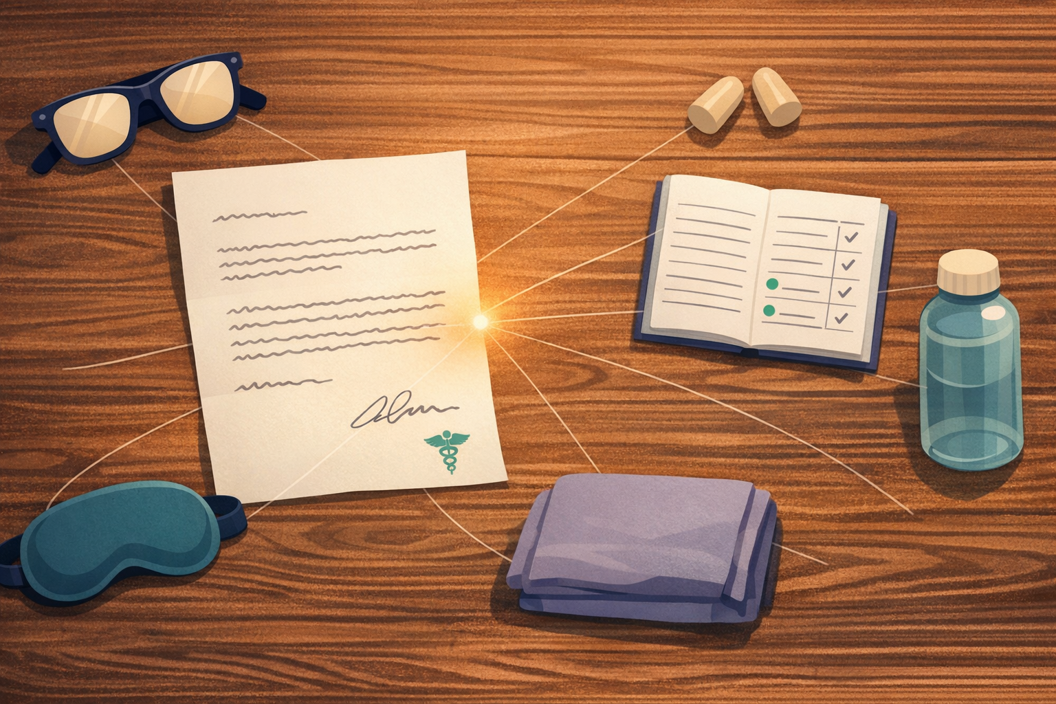 Overhead flat-lay of a carefully arranged ER preparation kit on a warm wooden table &mdash; a doctor&rsquo;s letter at center, medication notepad, dark glasses, earplugs, eye mask, folded blanket, water bottle &mdash; everything connected by barely visible threads to the letter at the hub