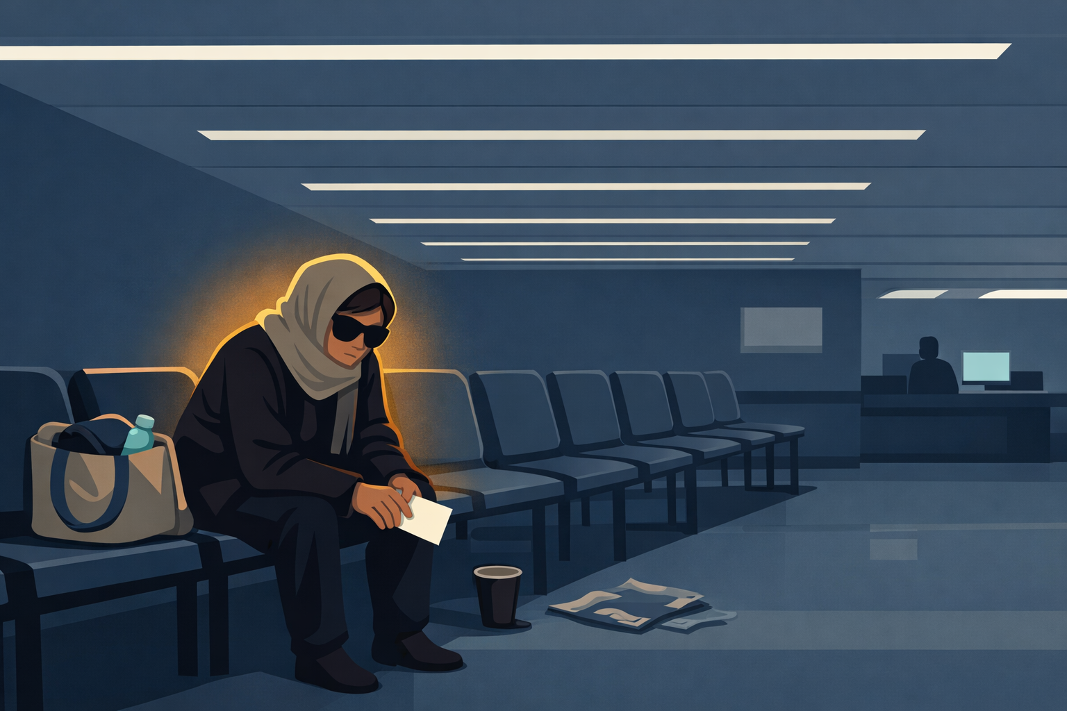 A solitary figure in dark glasses and a wrapped scarf sits alone in a hospital waiting room under cold fluorescent light, holding a doctor&rsquo;s letter &mdash; the only warmth in the room is a faint amber glow around the prepared patient