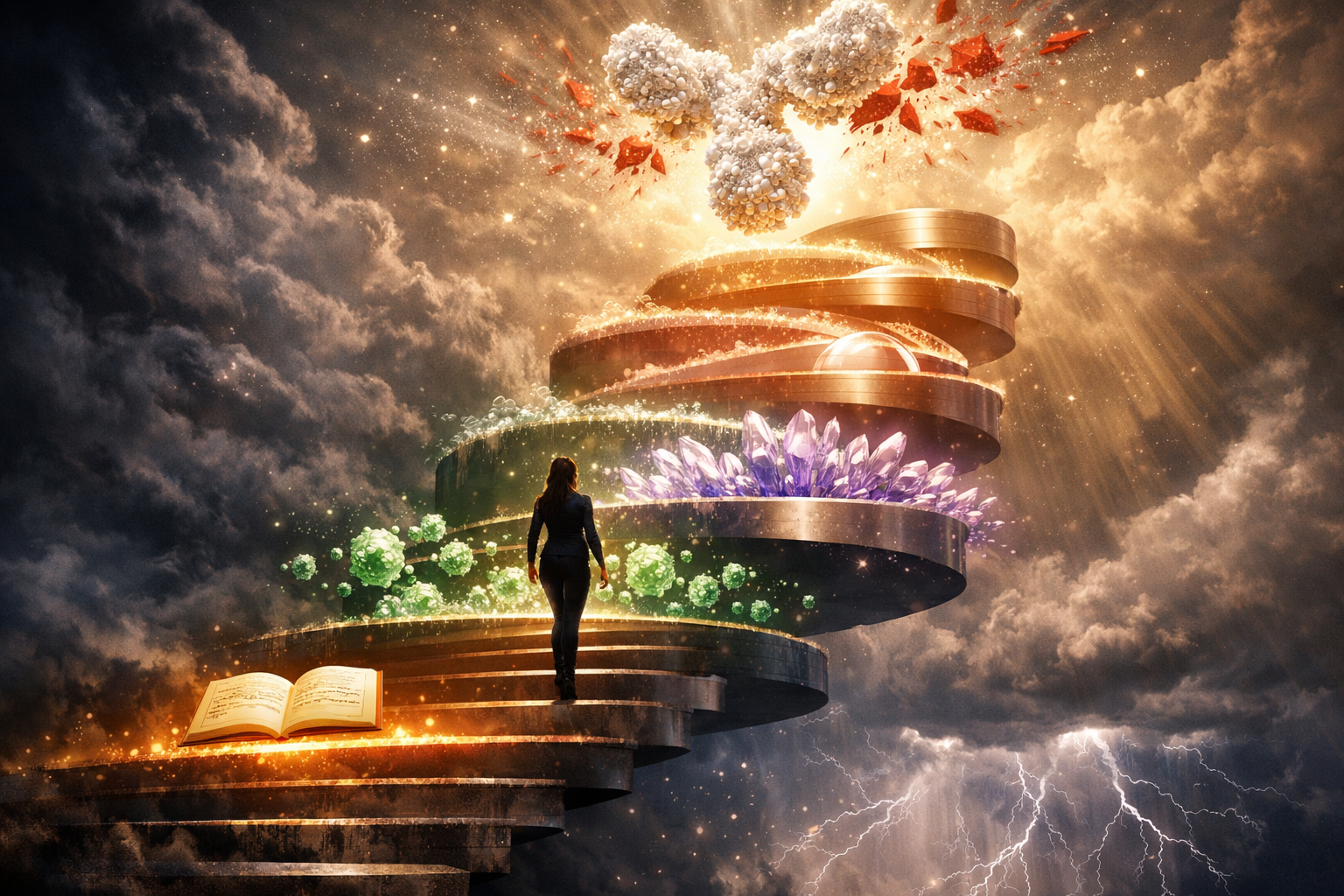 A monumental staircase of light ascending from darkness — each step represents an increasingly powerful menstrual migraine treatment