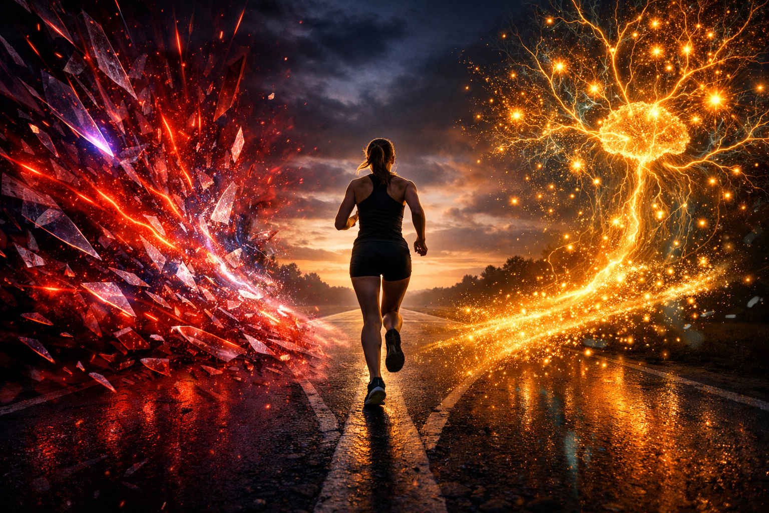 A runner at a fork in the road — one path fractures into migraine pain, the other blooms into golden neural pathways