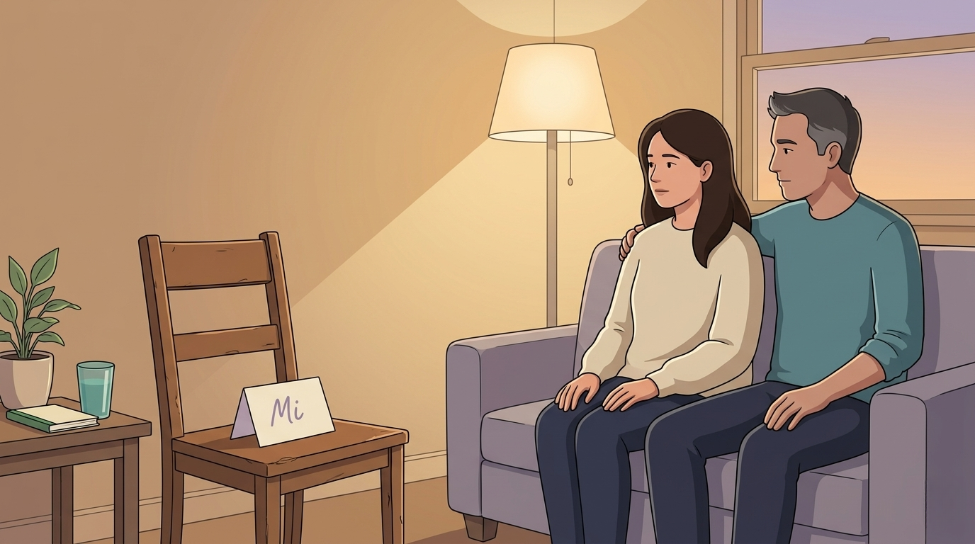 The same couple sitting shoulder-to-shoulder on a lavender-gray sofa, both looking at a third wooden chair facing them — on the seat of the chair sits a folded cream paper with the name &lsquo;Mi&rsquo; written on it, while a small sage-green plant grows on the side table nearby