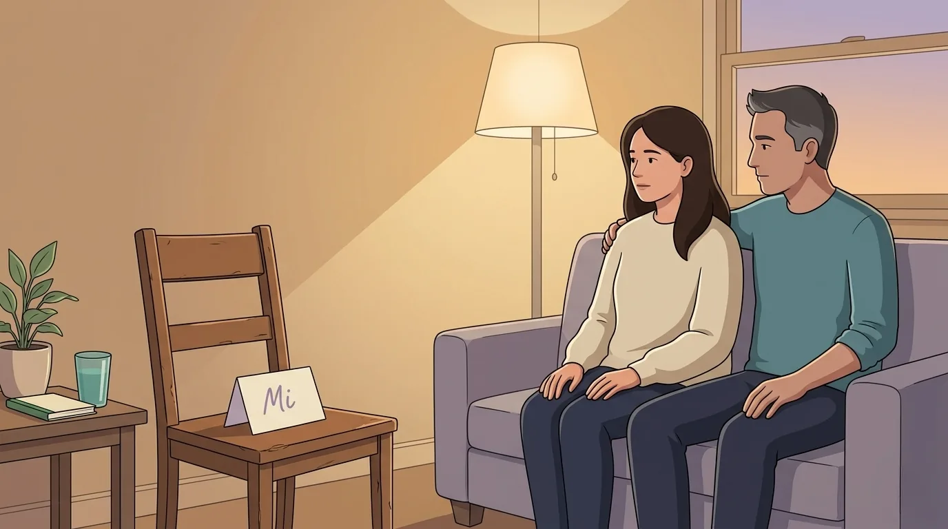 The same couple sitting shoulder-to-shoulder on a lavender-gray sofa, both looking at a third wooden chair facing them — on the seat of the chair sits a folded cream paper with the name &lsquo;Mi&rsquo; written on it, while a small sage-green plant grows on the side table nearby