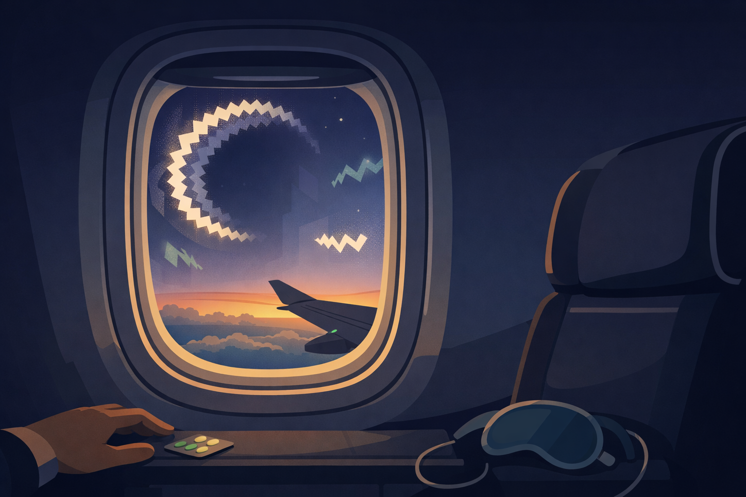 View through an airplane window at dawn with abstract migraine aura patterns shimmering across the glass — a visual metaphor for seeing the world differently through a migraine brain
