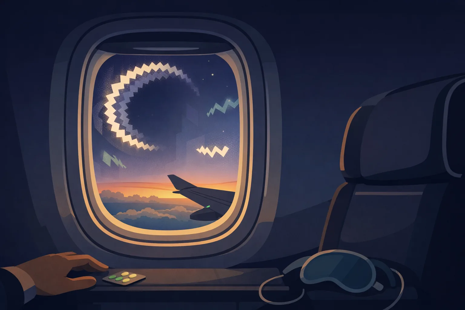 View through an airplane window at dawn with abstract migraine aura patterns shimmering across the glass — a visual metaphor for seeing the world differently through a migraine brain