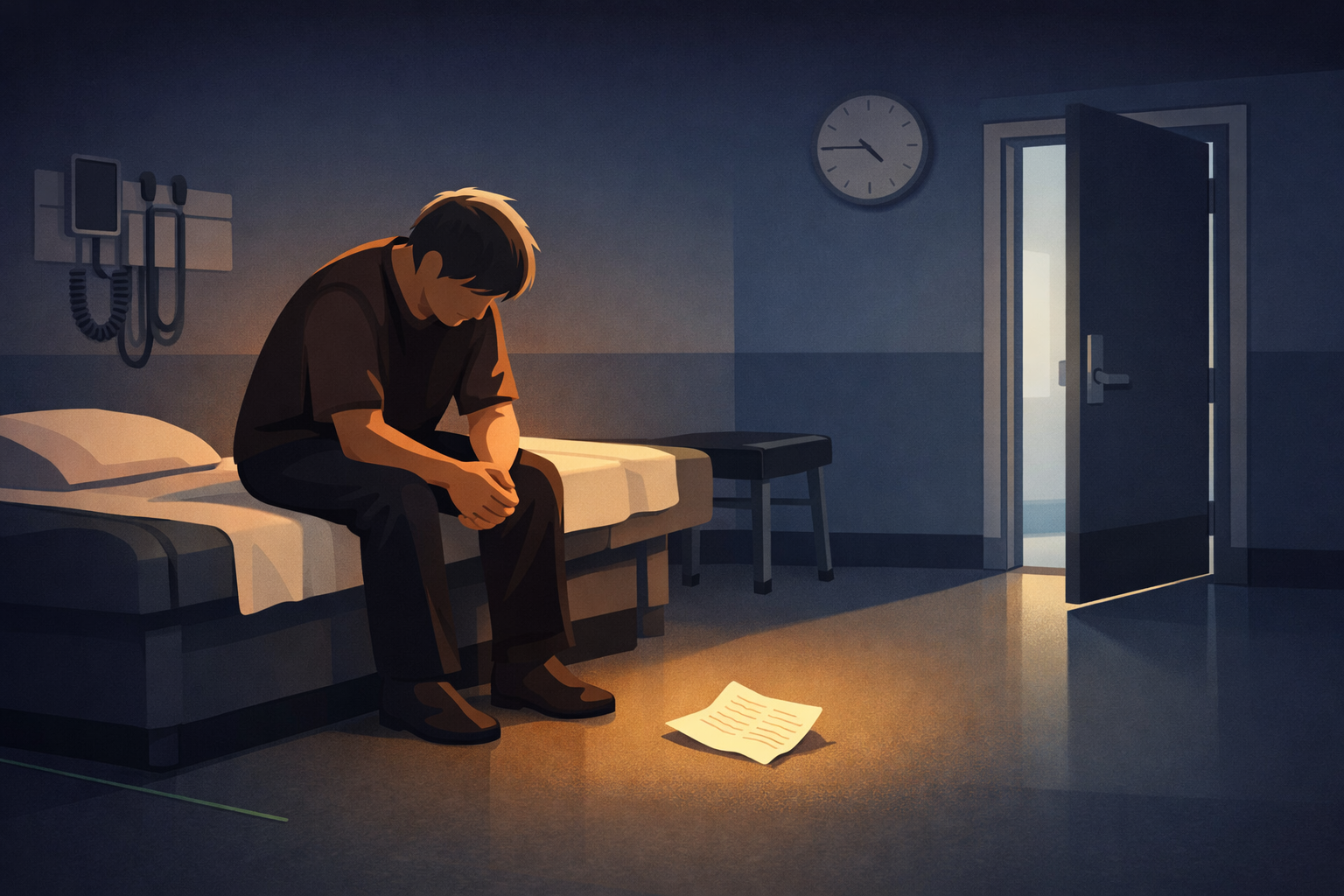 Atmospheric illustration of a patient sitting alone on a clinical examination table in a sparse medical room — the doctor has just left, the door is mid-close in the background, and a prepared symptom list lies fallen on the floor