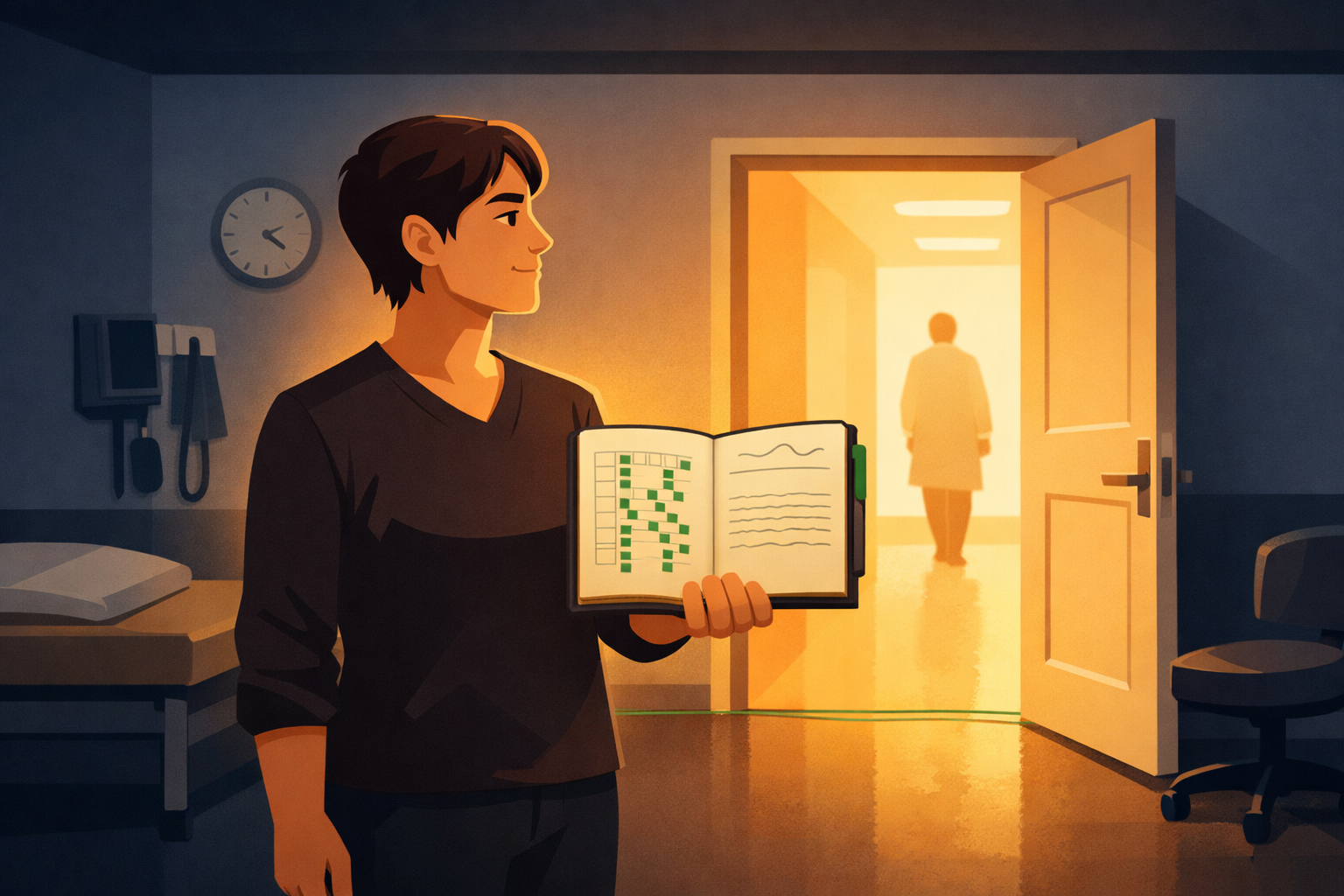 Illustration of a patient standing upright in a clinical room, spine straight, holding an open symptom diary forward toward an off-frame physician whose hands are visible on the far side of the desk, one hand lifting slightly in reconsideration — the door behind the patient is now fully open, warm light flooding through