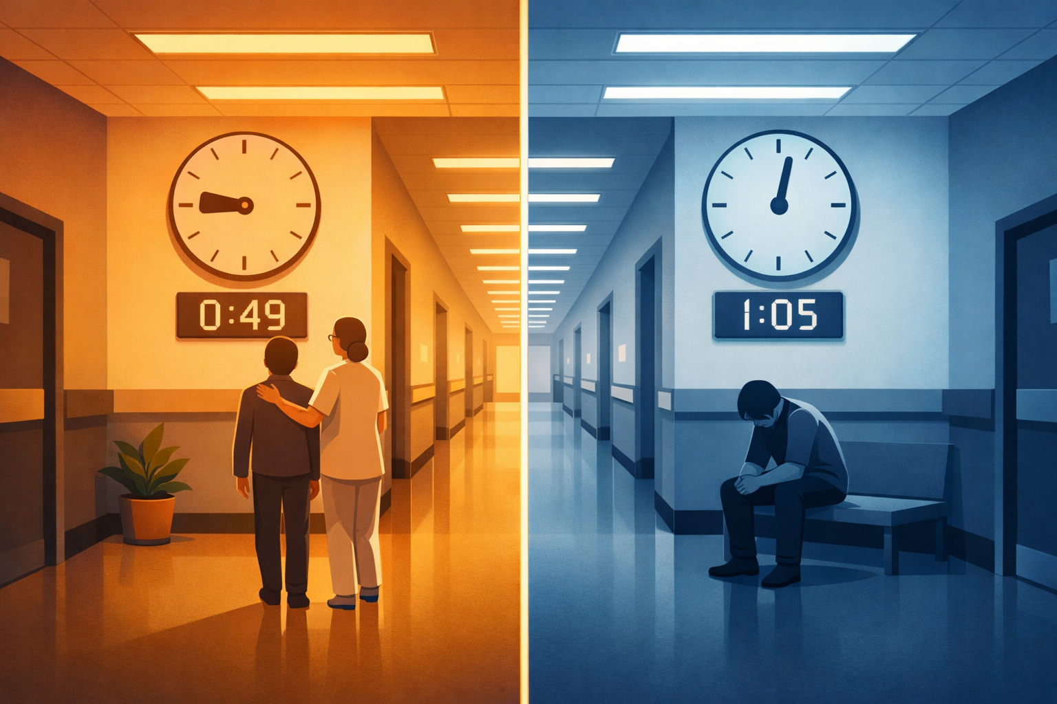 Split illustration showing two identical hospital corridors — the left bathed in warm amber light with a patient being guided forward, the right in cold blue light with a patient still waiting alone — identical clock faces on each wall showing 49 minutes and 65 minutes respectively