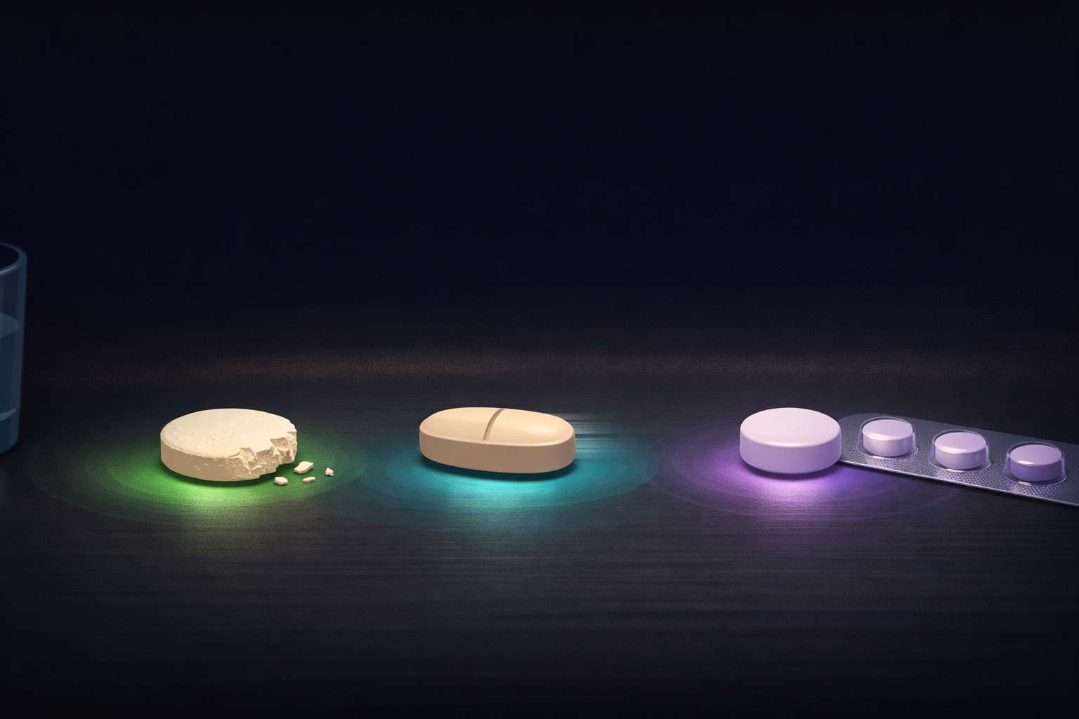 Atmospheric illustration of three distinct gepant tablets arranged on a dark surface, each emanating its own subtle colored light — green for Nurtec, teal for Ubrelvy, lavender for Qulipta — representing a new generation of migraine-specific oral medications