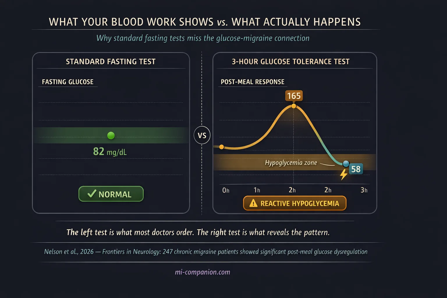 Infographic comparing two blood glucose tests side by side — a standard fasting test showing a normal 82 mg/dL result on the left, versus a 3-hour glucose tolerance test on the right revealing a spike to 165 mg/dL followed by a crash to 58 mg/dL into the hypoglycemia zone — demonstrating how routine tests miss reactive hypoglycemia in migraine patients