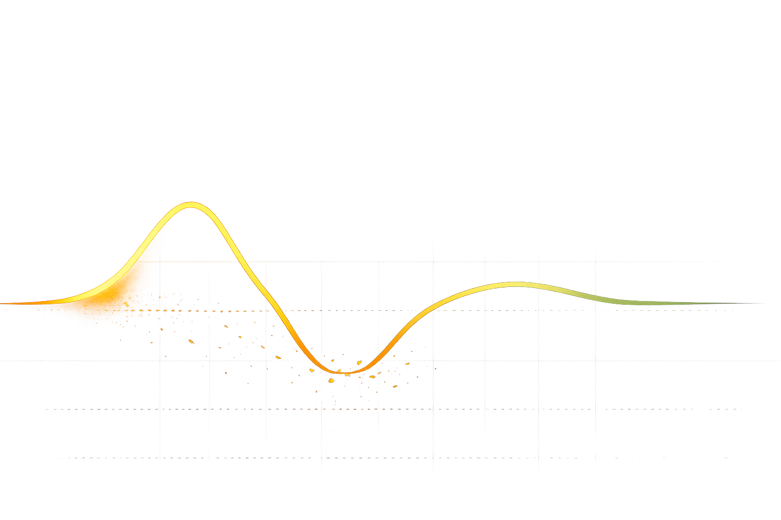 Atmospheric illustration of a luminous glucose curve sweeping across a dark landscape — rising to a warm amber peak then plunging into a deep valley where the glow fractures into scattered sparks, representing blood sugar instability and its impact on the migraine brain