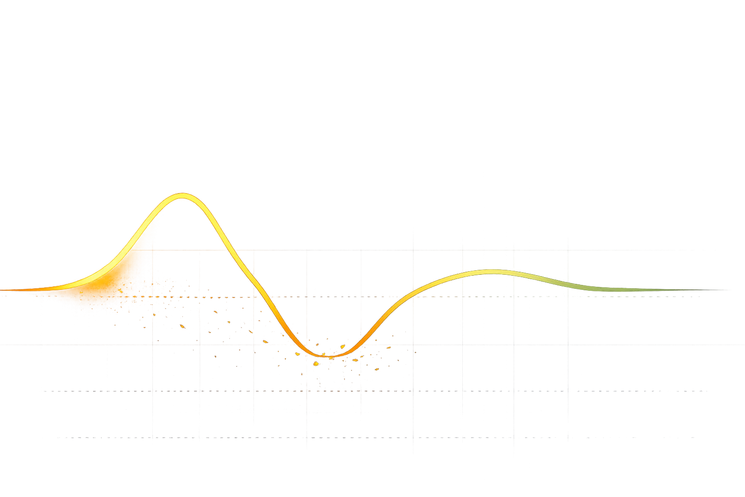 Atmospheric illustration of a luminous glucose curve sweeping across a dark landscape — rising to a warm amber peak then plunging into a deep valley where the glow fractures into scattered sparks, representing blood sugar instability and its impact on the migraine brain