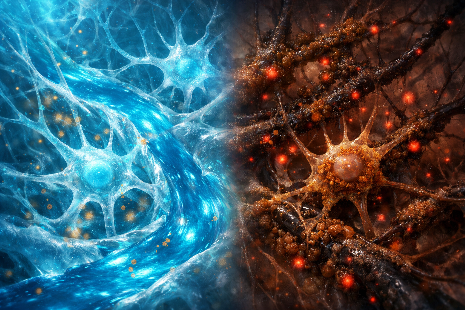 Split composition showing healthy brain tissue with flowing cerebrospinal fluid on the left versus sleep-deprived brain with stagnant waste buildup on the right