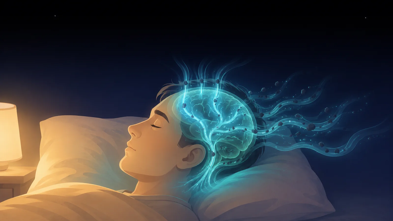 Atmospheric illustration of a person in peaceful deep sleep on a soft pillow, their translucent brain glowing in gentle teal as luminous streams of cerebrospinal fluid flow through it and carry tiny faint particles of waste away, with a warm amber bedside lamp casting tender light across the sleeper's cheek, conveying calm nightly brain maintenance rather than illness