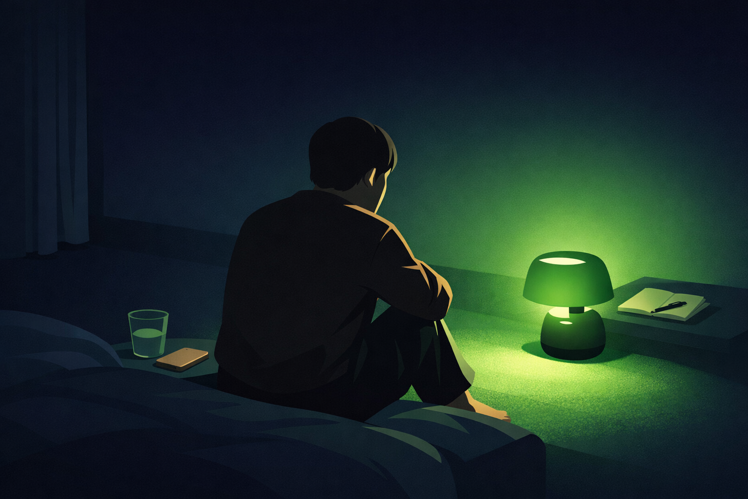 Person sitting in a darkened room bathed in soft narrow-band green light from a single lamp — the only light source in the space, a scene of quiet relief during a migraine attack