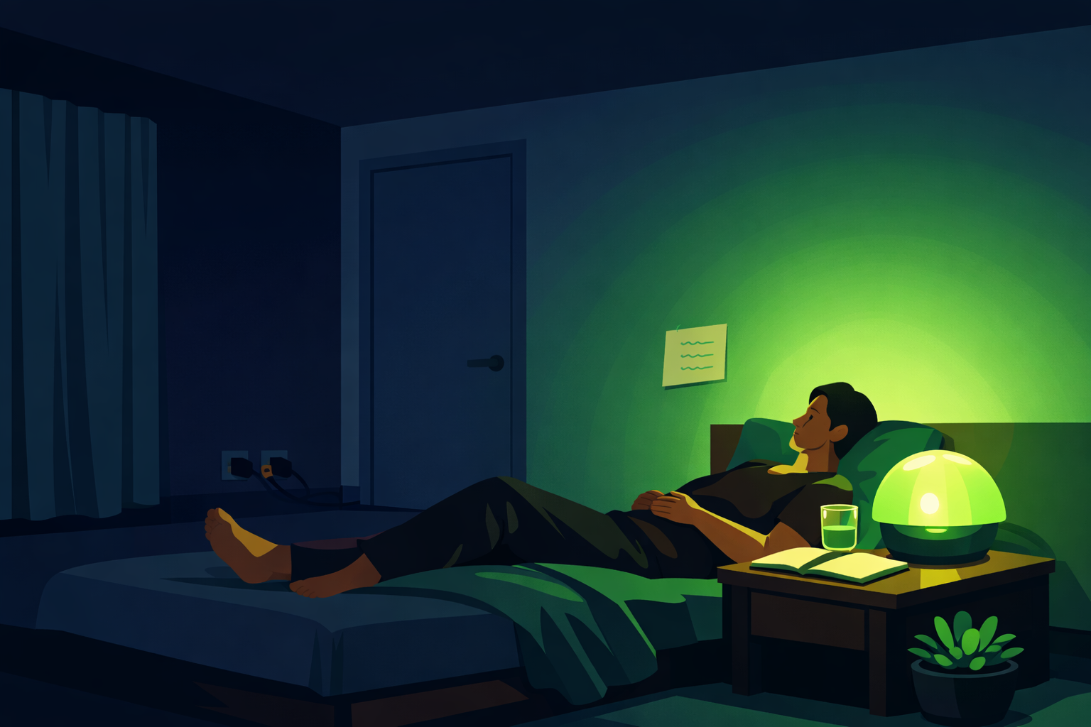 Atmospheric illustration of a bedroom at night transformed into a green light therapy space — narrow-band green lamp on bedside table as the only light source, figure resting in the green light, phone face-down, curtains drawn