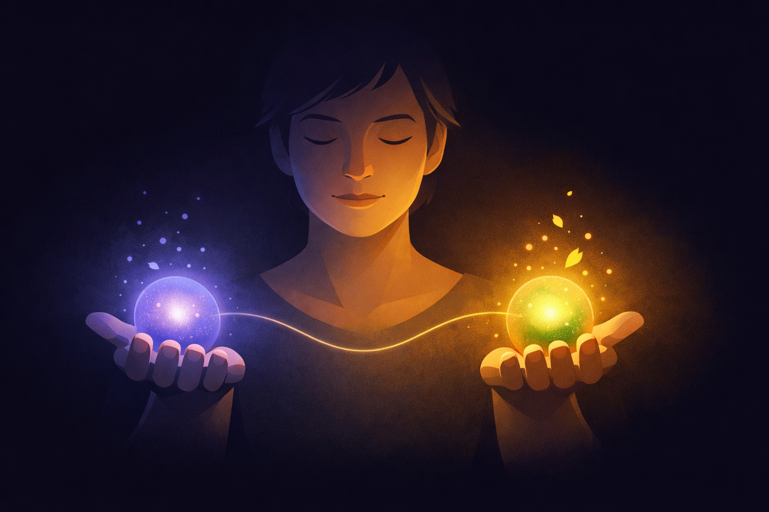 A figure holding two spheres of light in open palms — a cool lavender glow in the left hand representing grief, and a warm amber-green glow in the right hand representing what remains — both illuminating the same face