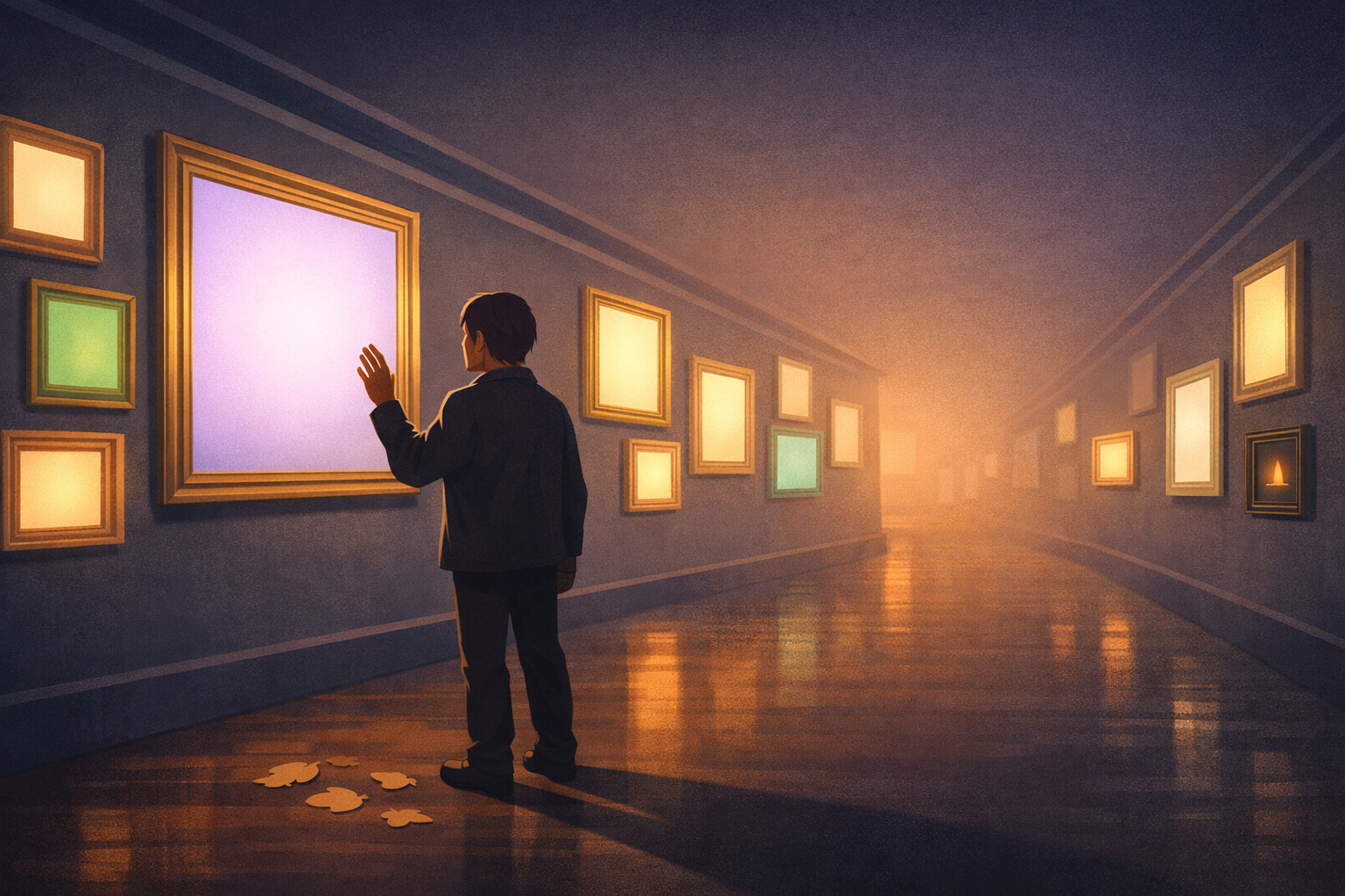 A solitary figure stands in a quiet corridor lined with empty picture frames, each glowing with residual light — representing the futures migraine took away