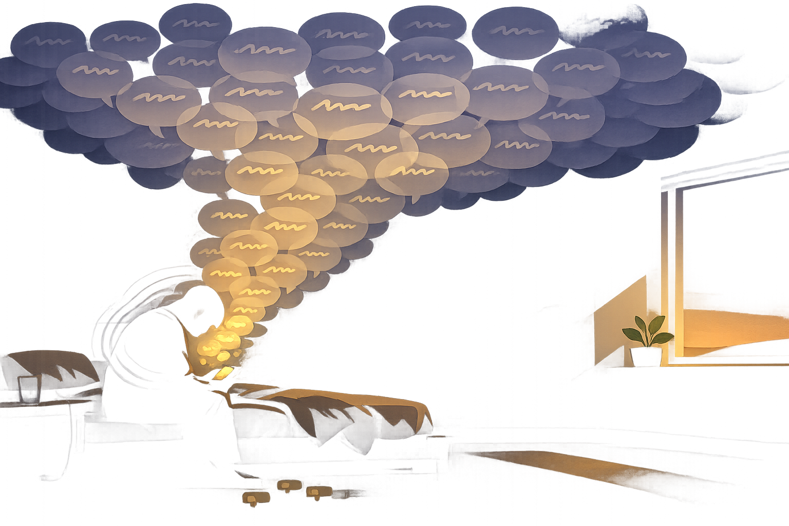 A solitary figure sits on the edge of a bed in a dark room, while translucent speech bubbles drift upward and accumulate into a heavy cloud above — representing the weight of chronic illness guilt