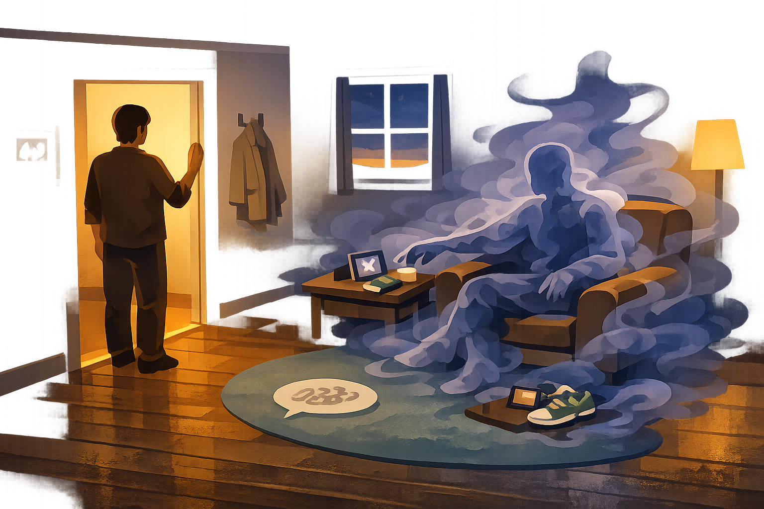 A person stands calmly in a doorway observing a translucent indigo smoke-figure sitting uninvited in their armchair, rearranging objects on a side table — representing externalization, the moment of seeing migraine as separate from yourself