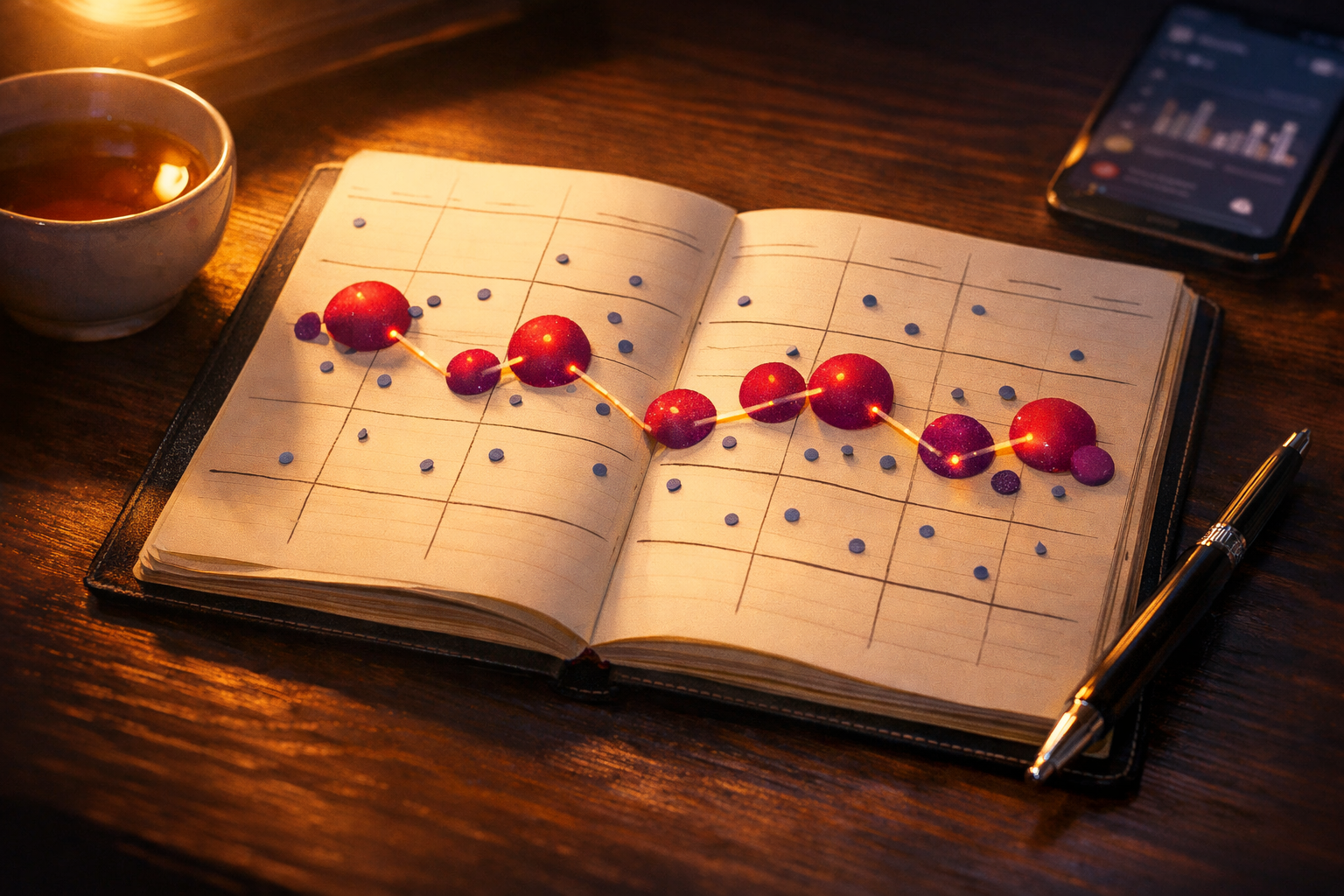 Headache diary showing migraine and tension headache pattern emerging over four weeks — intimate desk scene, digital art