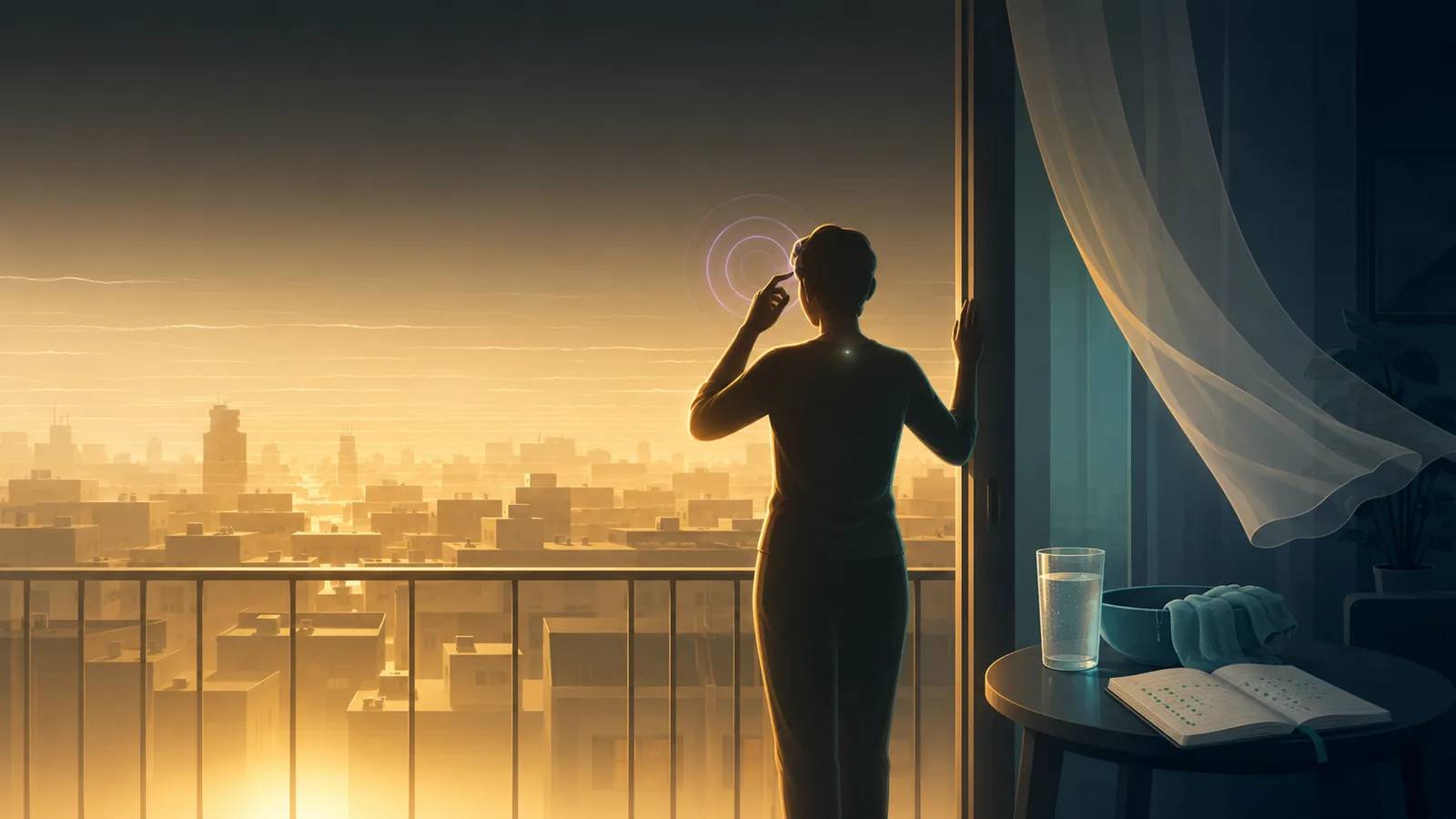 Atmospheric illustration of a person standing at an open balcony doorway during a heat wave — oppressive amber heat shimmering outside, a cool quiet interior with water and a damp cloth behind them, the figure lit by both temperatures at once