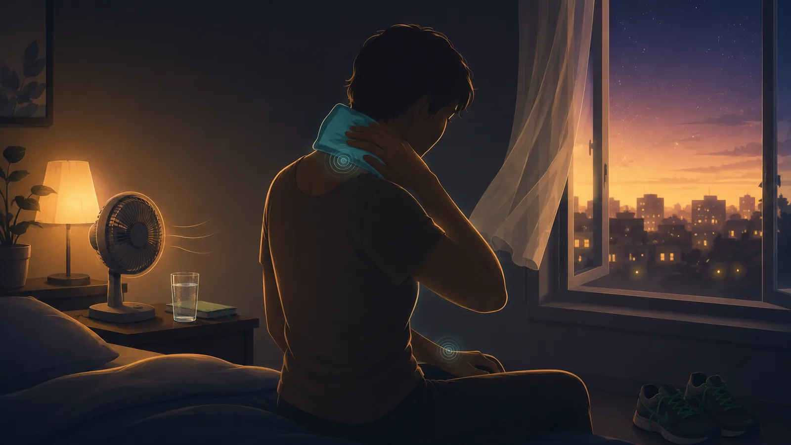 Atmospheric illustration of a person sitting by a window at dusk, pressing a folded cool cloth to the back of their neck, a beaded glass of water and a small fan on the nightstand — a warm but managed home, the day's heat softening into evening outside