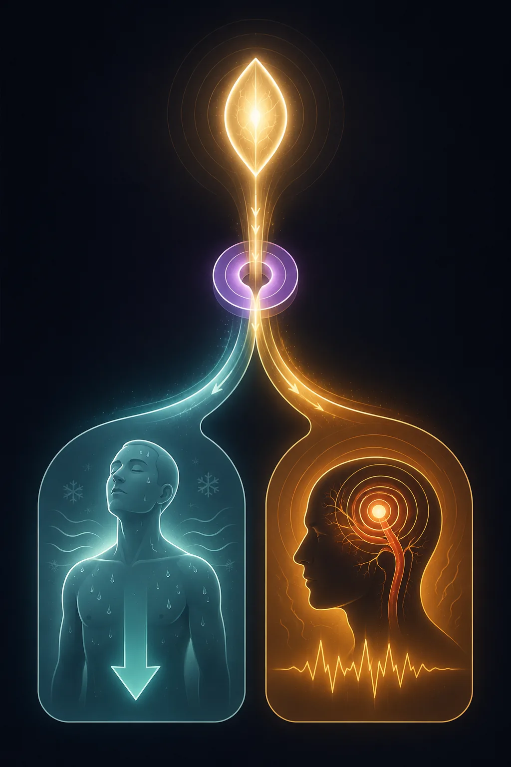 Clean flat-vector diagram: a single glowing almond-shaped hypothalamus at top, its flow narrowing through one shared lavender PACAP node, then forking into two opposite panels below — a cool teal panel showing the body cooling down on the left, and a warm amber panel showing a migraine building on the right