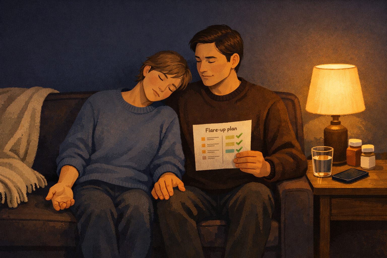 Two people sitting together on a couch at night &mdash; one leaning against the other, one arm limp &mdash; the partner calmly holding the flare-up plan document, a lamp casting warm light around them