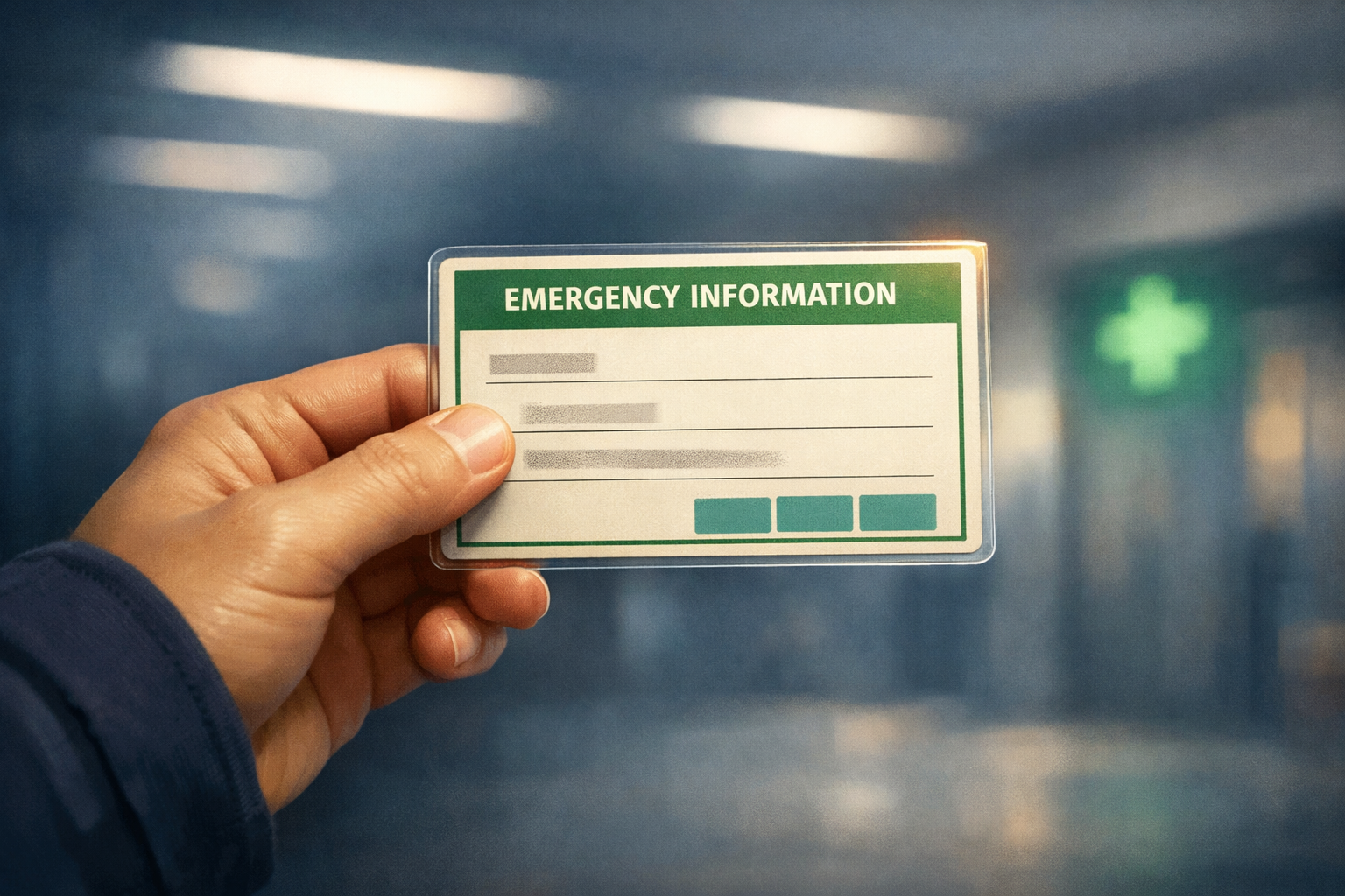 A hand extending a laminated emergency care card toward the viewer &mdash; a prepared document that speaks when hemiplegic migraine steals your voice